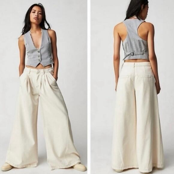 NWT Free People Equinox Wide Leg Trouser In Cream - Picture 1 of 6